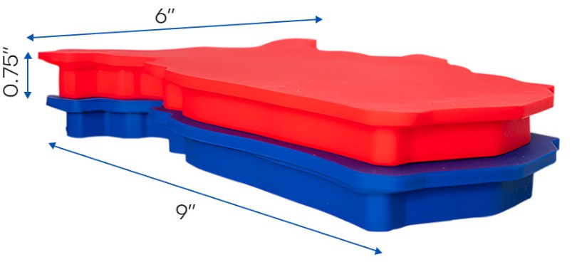 Red and blue Amer-ICE trays stacked, measured at 9 inches long, 6 inches wide and 0.75 inches high