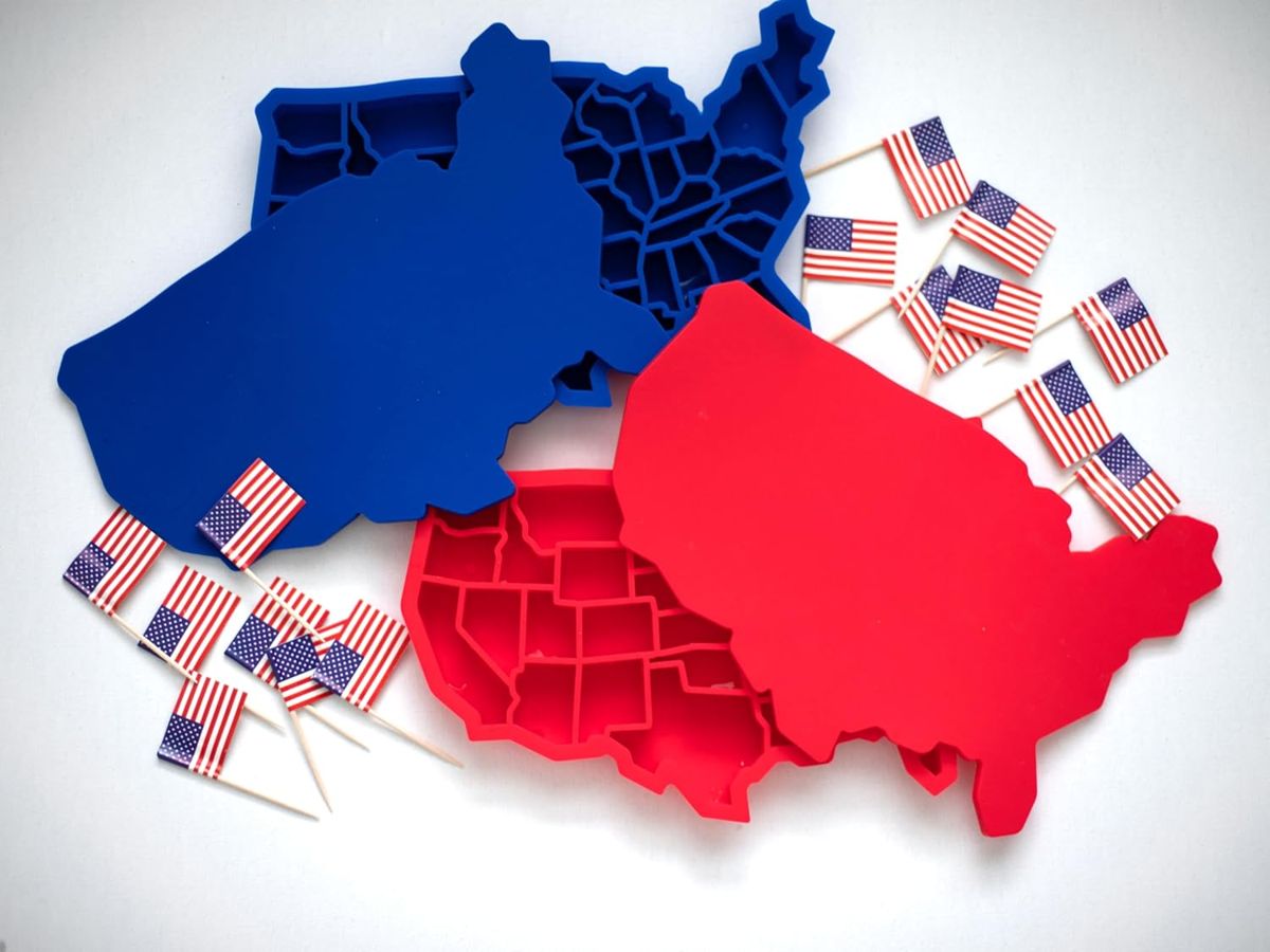 Red and blue Amer-ICE trays with lids, surrounded by small American flag picks