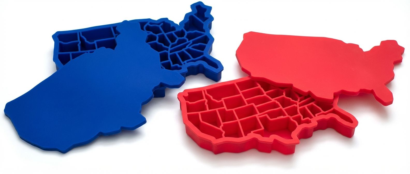 A blue tray with its lid and an open red tray showing the state-shaped molds